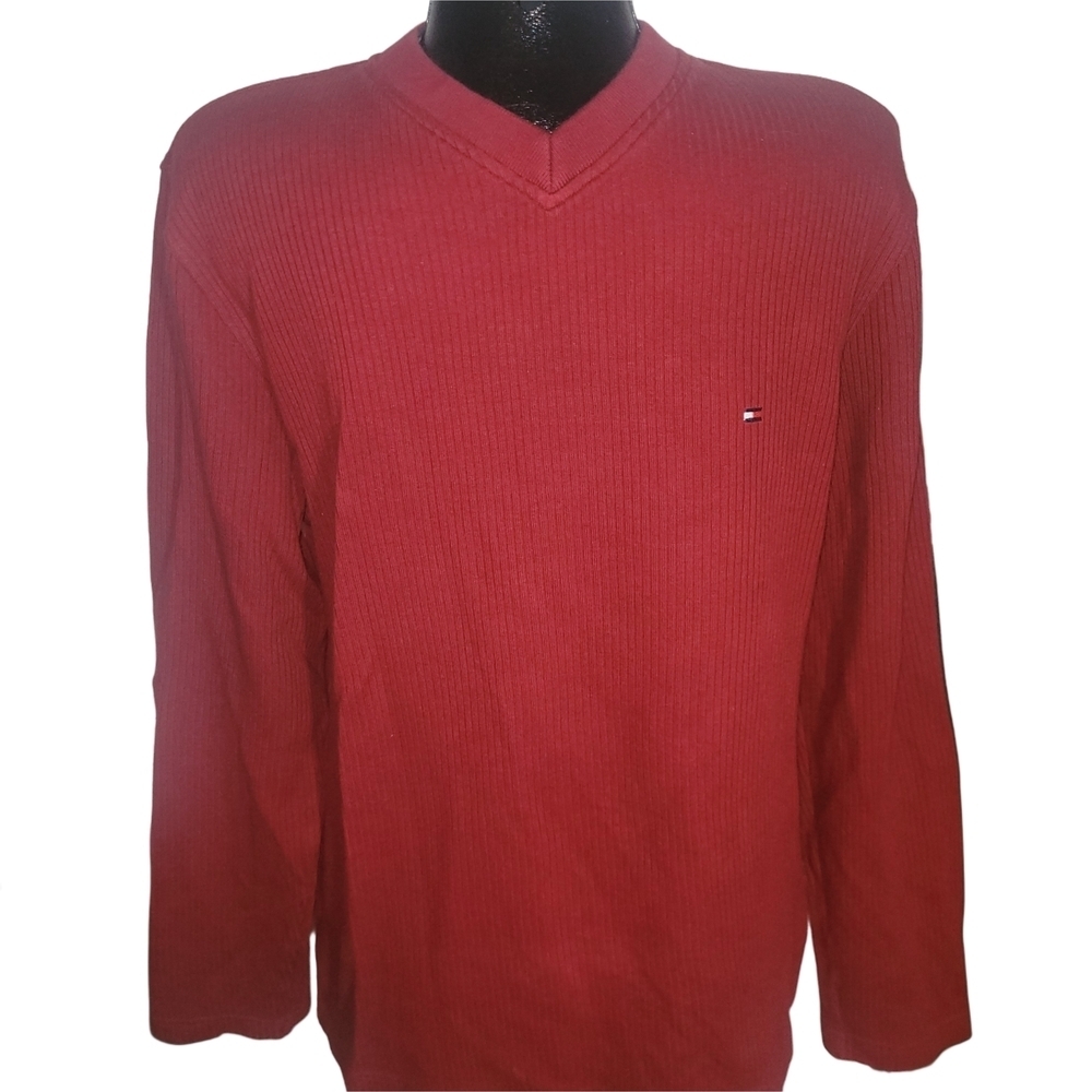Tommy Hilfiger Men's Red V-Neck Ribbed Knit Sweater S